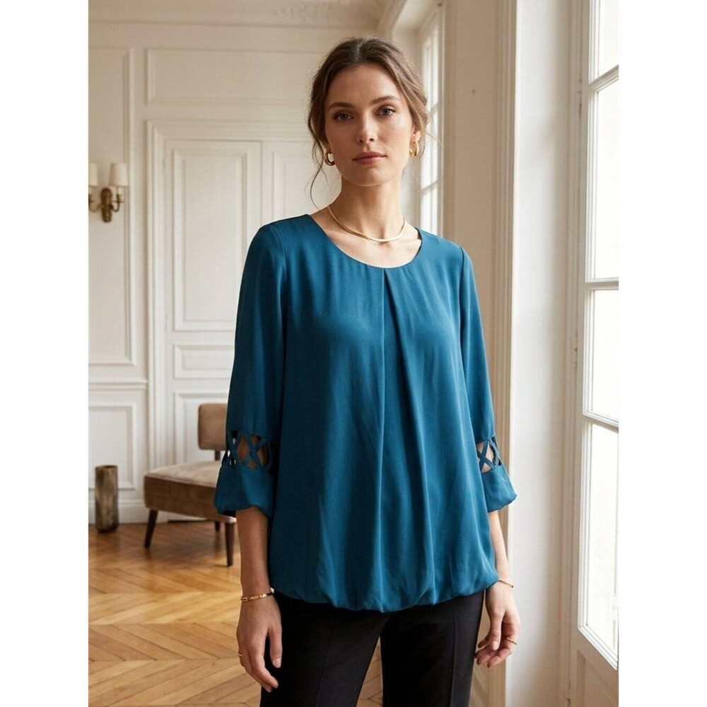 New Directions Teal Lattice Cutout Sleeve Blouson Elastic Hem Blouse M